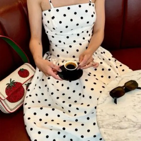 565. TULIPS CREATIONS polka dot Bubble hem  midi dress in White/black NWT - Picture 9 of 10